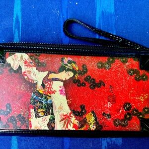 Hand painted leather wallet with dancing Geisha!